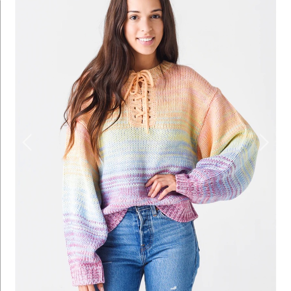 525 Lace-Up V-Neck Rainbow Sweater NWOT